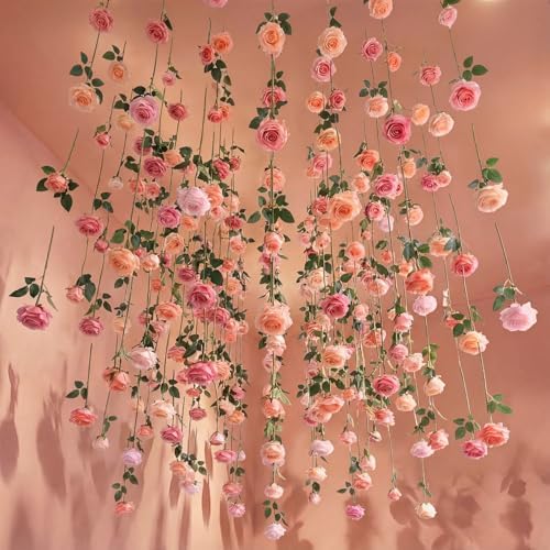 Lyrow 60 Pack Pink Roses Artificial Flowers Bulk Hanging Floating Garland Fake Pink Rose Vine for Ceiling Decoration Wedding Anniversary Bridal Bouquet DIY Floral Arrangement Proposal Romantic Decor by Lyrow