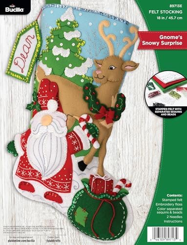 Bucilla Felt Applique 18" Stocking Making Kit, Gnome's Snowy Surprise, Perfect for DIY Arts and Crafts, 89713E by Bucilla