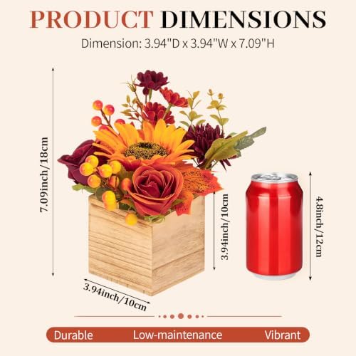 Dining Table Centerpiece Set of 3 - Fall Centerpieces for Tables with Wooden Vase - Boho Fake Rose Bouquets Floral Arrangements Small Faux Silk for Wedding Party Bathroom Home Décor, Orange - Image 2