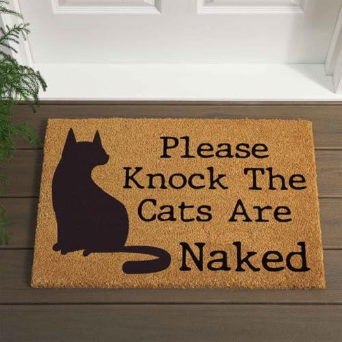 Funny Coir Doormat Please Knock the Cats are Naked Cat Welcome Front Porch Decor Doormat For The Entrance Way Personalized Rugs with Heavy-Duty PVC Back Non Slip Outdoor Coir Doormat 23.6 x 15.7 inch - Image 4