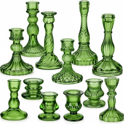 Mumufy 12 Pcs Green Glass Candle Holders Classic Style, Ribbed Taper 0.8" - Image 2