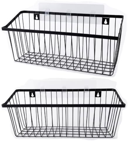 Hanging Kitchen Baskets Adhesive Sturdy Wire Storage Baskets with Kitchen Food Pantry Bathroom Shelf Storage No Drilling Wall Mounted (Black-2 PACK, Extra Large) by HDYOUDO