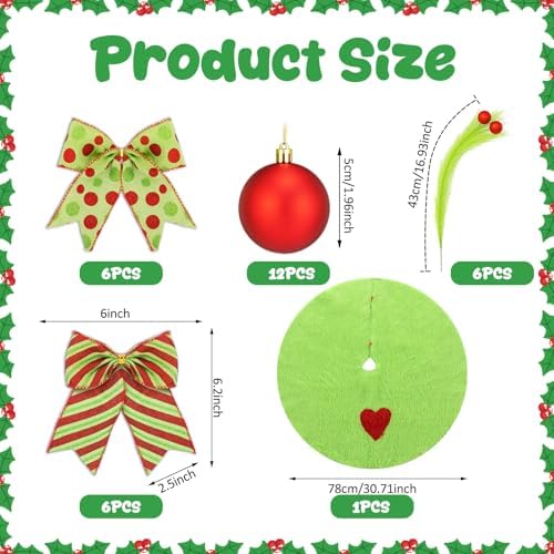 Gemscream 31 Pcs Lime Green Christmas Tree Decorations Includes Red Green Bows Toppers and Christmas Ball Ornaments and 30.7 Inch Tree Skirt Feather Picks for DIY Xmas Trees Hanging Decor - Image 2