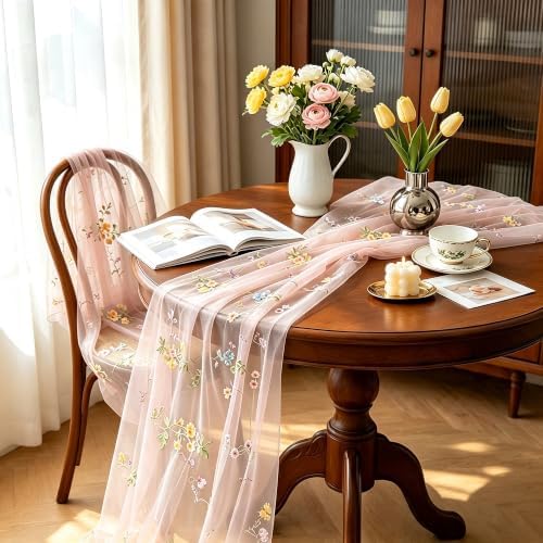 3 Pcs Floral Table Runner 10ft Embroidery Soft Flower Tulle - Image 2