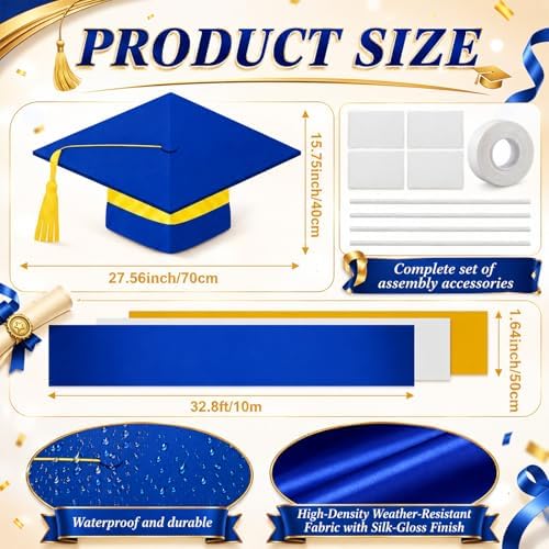 Batiyeer 3 Pcs Graduation Porch Decorations Class of 2026, 32.8 x 1.64 ft Large Graduation Blue Yellow Door Frame Decor with Diploma Cap for Congrats Grad School College Porch Flag Outdoor Party - Image 2
