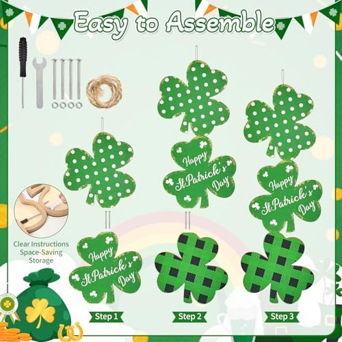 35 Inch St. Patrick’s Day Large Wooden Porch Sign, Shamrock Standing Decor with Rope, Rustic Clover Wood Welcome Sign for Outdoor Indoor Porch Entryway Farmhouse Holiday Decoration - Image 6