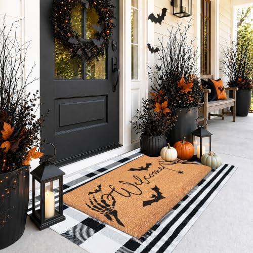 Halloween Welcome Door Mat Combo Set, Skeletal Hand Coco Coir Doormat -3'*5' Black and White Striped Rug, Autumn Front Porch Entryway Decor Floor Mat - Image 4