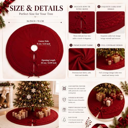 Hollowfly 48 Inch Burgundy Christmas Tree Skirt for 7.5ft Tree Cable Knit - Image 3