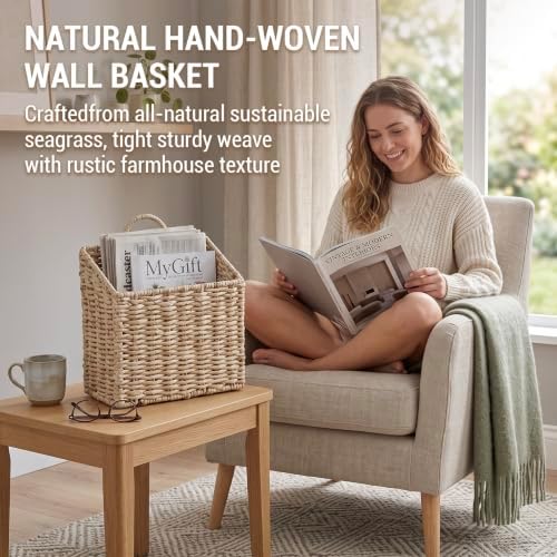 MyGift 12.5-Inch Woven Wall Hanging Storage Basket – Large Decorative Seagrass Organizer for Magazines, Mail, and Home Storage - Image 2