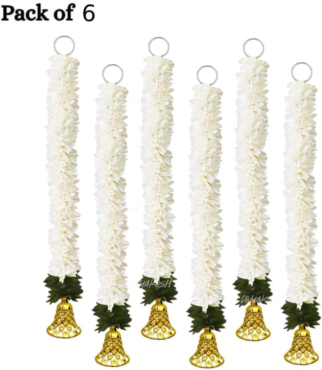 Divyakosh Garlands for Home Decoration, Gajra Hangings (Pack of 6 Latkan, Size 14 Inch Each) | Offwhite Fabric Jasmine Flower with Golden Bell | Flower Garlands for Home Decoration | - Image 3