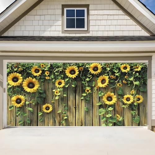 ANNA QUEEN Sunflower Fence Garage Door Banner 6 x 13FT, Vibrant Floral Sunflowers with Wooden Fence Garage Door Cover, Outdoor Garden Decoration for Spring Summer Parties Patio Home Decor by ANNAQUEEN