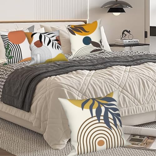 4 Pcs/Set Abstract Line Throw Pillow Covers Boho Sun Moon Arch Botanical Leaves Geometric Lines Plants Linen Throw Cushion Cases for Couch Sofa Bedroom Decorative, 22"x22" - Image 7