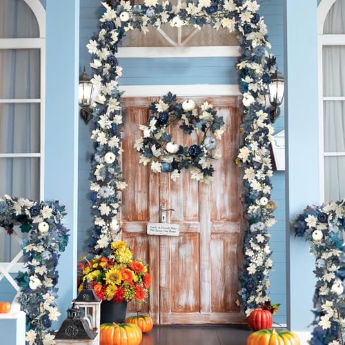 Zeyune 6ft Blue Pumpkin Fall Garland Maple Leaves White Pumpkins Decor - Image 4