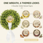 24 Inch Faux Boxwood Wreath with 3 Double-Sided Wooden Signs - Image 2