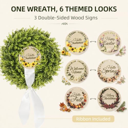 24 Inch Faux Boxwood Wreath with 3 Double-Sided Wooden Signs - Image 2