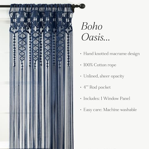 Lush Decor Boho Macrame Textured Cotton Window Curtain Panel Single 40" W x 84" L Navy - Macrame Curtains for Windows, Room Divider, Boho Wall Decor - Image 6