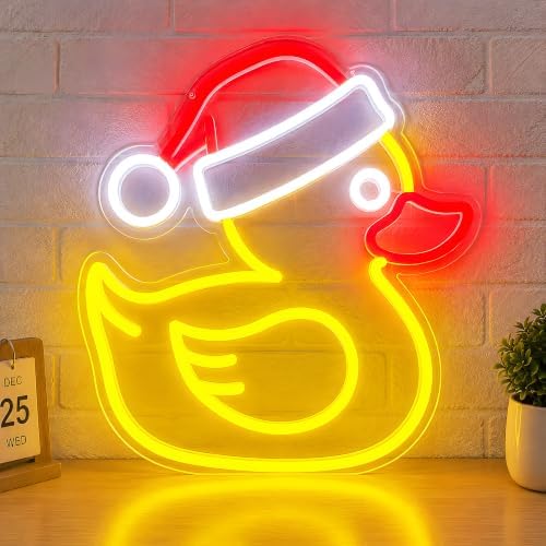 Christmas Duck Neon Sign for Wall Decor – USB Powered, Dimmable LED Wall Light with Santa Hat Icon for Bedroom, Kids’ Room, Home Bar, Window Display, Holiday Parties, Holiday or Birthday Gift by OJBKNEON