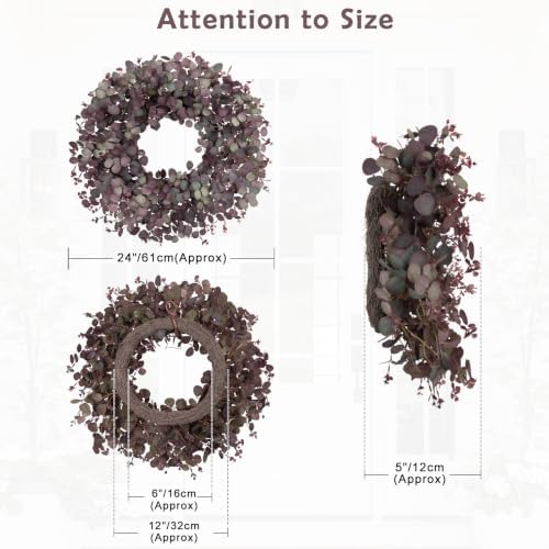 24" Fall Wreath for Front Door with Artificial Burgundy Eucalyptus Leaves - Image 2