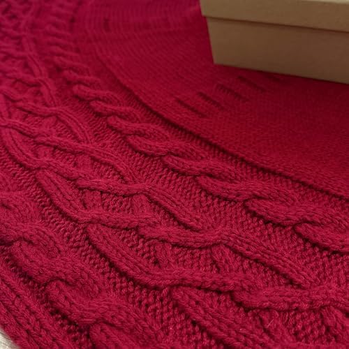 36-Inch Cable Sweater Knit Christmas Tree Skirt with Wooden Toggles, Burgundy - Image 5