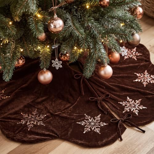 Hollowfly Brown Velvet Christmas Tree Skirt with Sequin Snowflake 48'' by Hollowfly