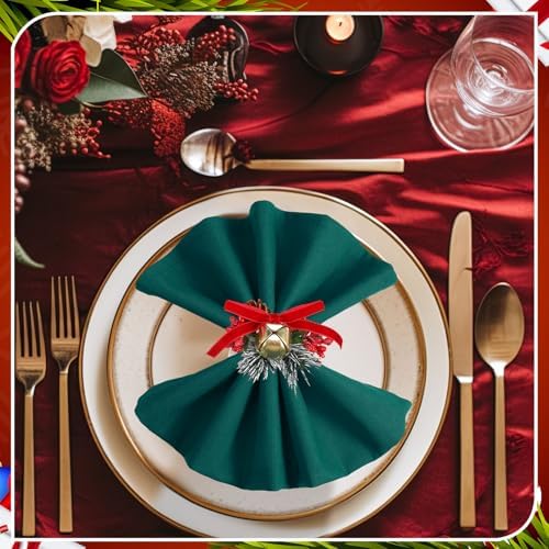 Ziliny 16 Pcs Cotton Christmas Napkins and Rings Set, 8 Washable Thanksgiving Napkins Cloth, 8 Xmas Napkin Rings for Xmas Dinner Party Table Decoration(Christmas Bow Bells) - Image 6