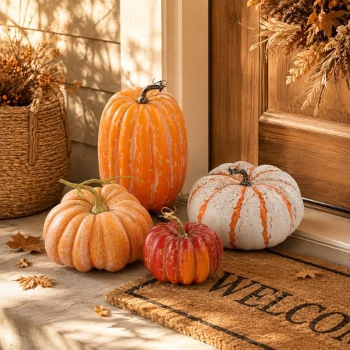 4 PCS Assorted Sizes Rustic Fall Artificial Pumpkins, Realistic Faux Pumpkins with Vintage Orange White Red Finishes, for Fall Halloween Thanksgiving Holiday Home Mantel Tabletop Decorations - Image 6