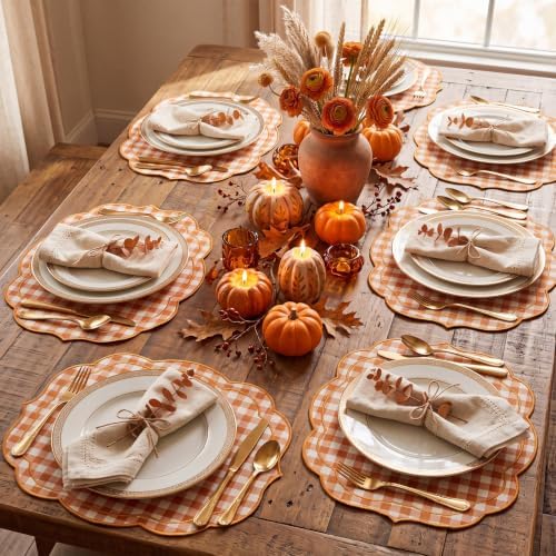 Fall Placemat Set of 6 Cotton Scalloped Gingham Placemat, Orange, 17" x 13" - Image 4