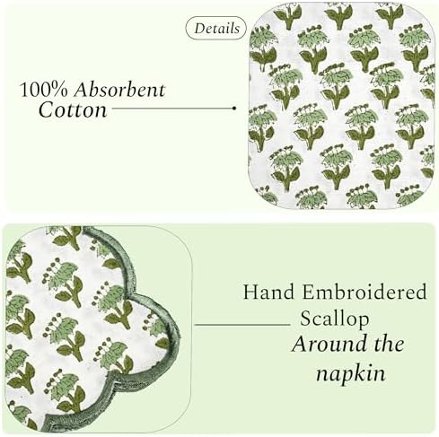 CPC Emerald Green Block Print Cotton Embroidery Napkin 18x18 (Pack of 4) - Image 2