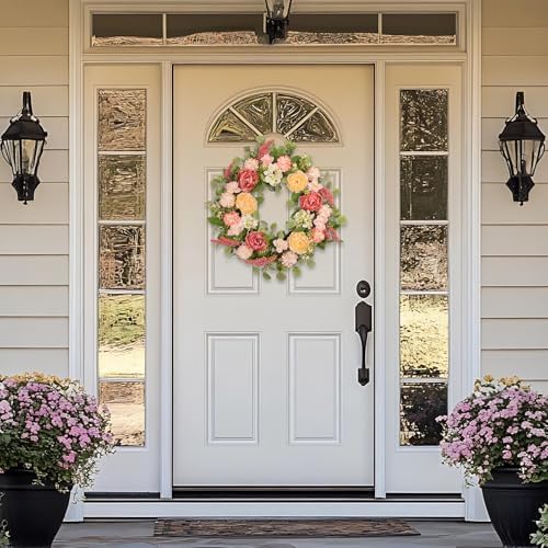 22 Inch Spring Summer Wreath for Front Door, Realistic Silk Peony & Hydrangea Wreath with Yellow Pink Flowers Grain Stems, Artificial Floral Wreath for Indoor Outdoor Porch Wall Farmhouse Decor - Image 4