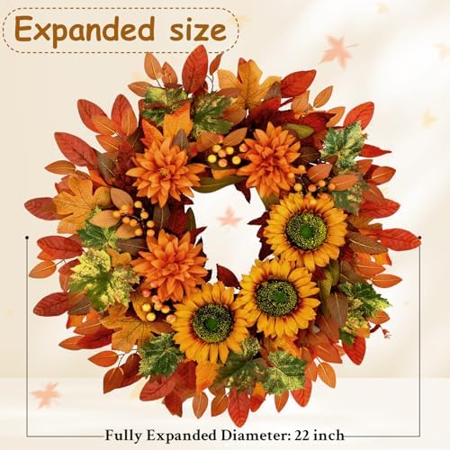 2 Pcs Fall Wreaths for Front Door,22 inch Autumn Sunflower Wreath - Image 2