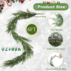 6 Ft Christmas Pine Garland - Artificial Pine Greenery Garland with Lights for Christmas Table Fireplace Wall Home Decoration - Image 5