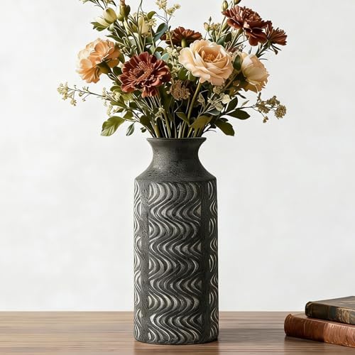 Black Ceramic Vase, 11 Inch Tall Vintage Flower Vase for Decor by Letsupgradeyourhome