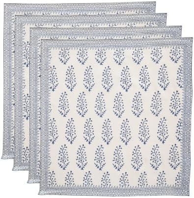 Floral Cloth Napkins Set of 12, Block Print Inspired 100% Cotton Dinner Napkins for Thanksgiving, Christmas & Fall, Reusable Wedding Linens, 18 x 18 Inch, Blue and White Botanical by IVYHERITAGE