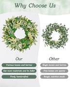 Vlorart 22 Inch Artificial Spring Summer Christmas Greenery Wreaths for Front Door Green Eucalyptus Leaf Wreath Decor Boxwood with Big Berries for Outside Year Round - Image 5