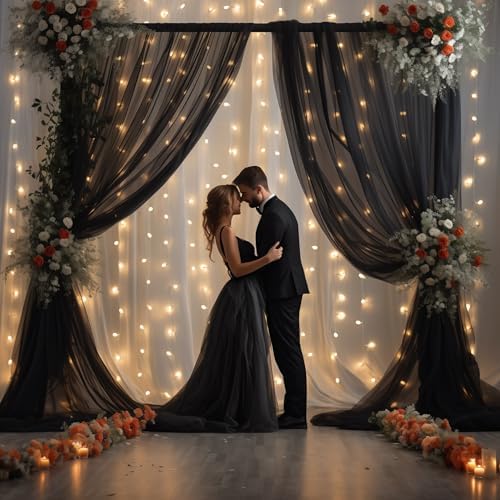 30x10ft Black Tulle Backdrop Curtain with Lights String for Parites, Sheer Backdrop Curtains for Wedding Baby Shower Birthday Party Photo Shoot Decorations - Image 3