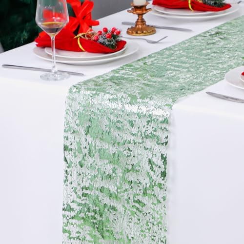 Snowkingdom Sage Green Table Runner, Sequin Glitter Foil Metallic Sage Green Mesh Spring Table Runner 11inch x 240inch,Table Decorations for Party Wedding Bridal Birthday Shower Christmas - Image 2