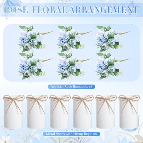 Domensi 6 Sets Wedding Centerpiece for Table Decoration Light Blue Artificial Fake Rose Flower with Metal Vase Faux Silk Rose Bouquet Floral Arrangement for Bridal Shower Home Dining - Image 3
