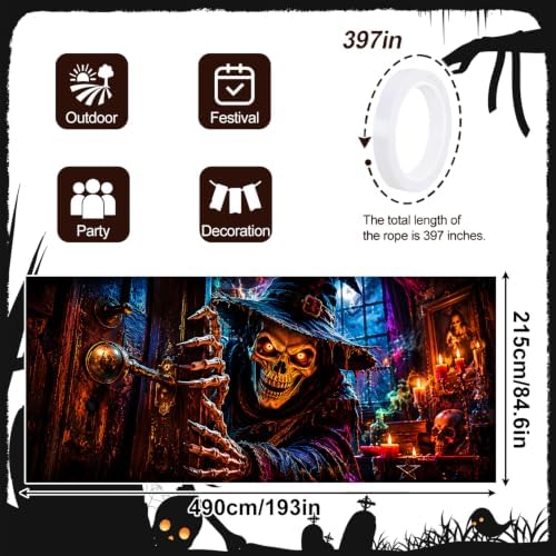 Gothic Halloween Garage Door Banner 7x16ft, Spooky Skeleton Wizard Opening Door Outdoor Decoration, Witch Hat Demon Claws Double Garage Door Cover Tapestry Mural for House Front Holiday Decor - Image 2