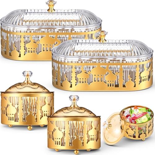 4 Pcs Ramadan Trays with Lid Gold Eid Mubarak Tray Plates Ramadan Moon Candy Dish Table Decorations Food Serving Tray Islam Muslim Al-fitr Cookie Storage Container for Eid Party Supplies by Otoolling