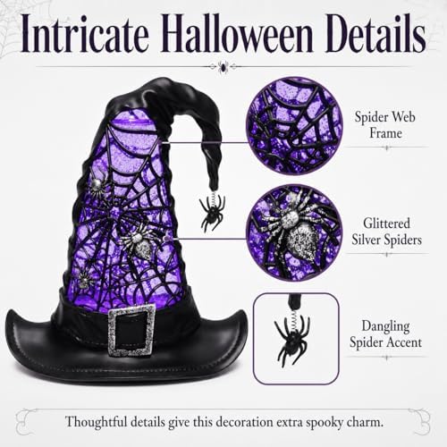 Halloween Witch Hat Snow Globe Lantern with Purple Light & Swirling Glitter, 9.5 Inch Lighted Halloween Tabletop Decor with Spider Web & Hanging Spider, Battery Operated for Mantel Shelf Party - Image 4