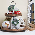 GENMOUS & CO. Farmhouse Tiered Tray Decor with Distressed Wood Bead Garland, Decorative 2 Tiered Serving Tray with Metal Handle for Rustic Home Décor by GenMousCo