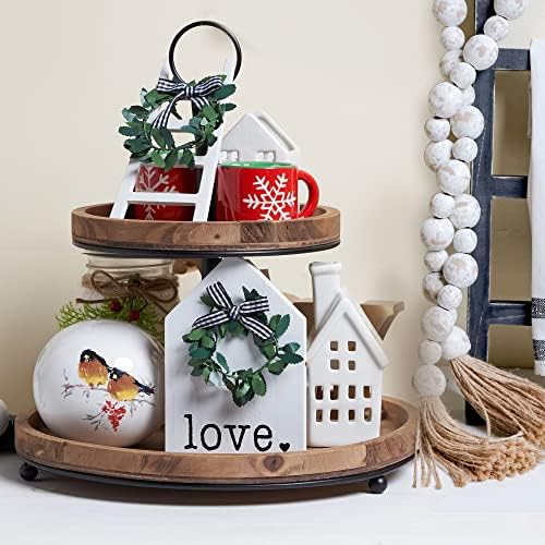 GENMOUS & CO. Farmhouse Tiered Tray Decor with Distressed Wood Bead Garland, Decorative 2 Tiered Serving Tray with Metal Handle for Rustic Home Décor by GenMousCo