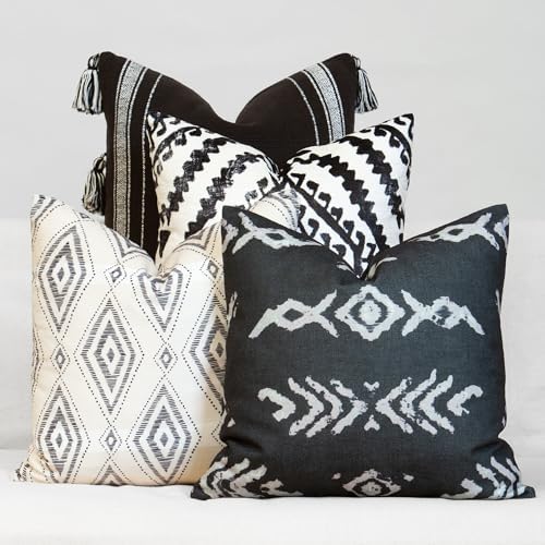 Black & White Decorative Throw Pillow Covers, Set of 4, 18x18 Inch Geometric Ikat Textured Accent Pillow Cover 4 Pack by Unknown