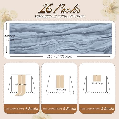 16 Pack 10Ft Cheesecloth Table Runners – Boho Gauze Vintage Table Decor, 120 Inch Long Rustic Cheese Cloth Runner for Wedding, Bridal Shower, Birthday, Romantic Party (Dusty Blue, 24" x 120"-16Packs) - Image 2