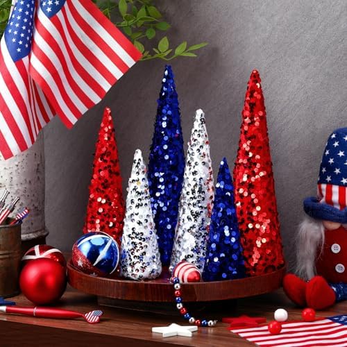 6 Pcs Red White Blue Glitter Cone Trees 4th of July,Independence Day by Anglechic