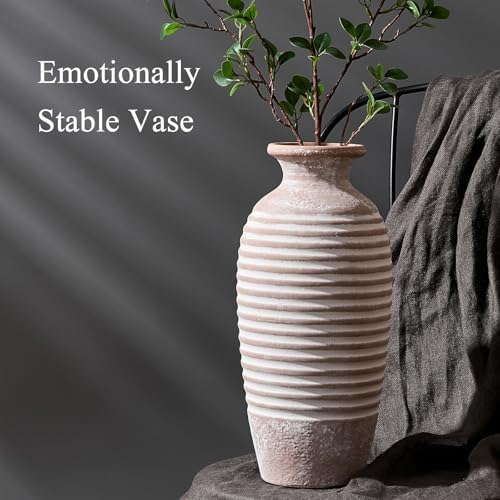 Emotionally Grounded Vase, Vaseking Large Ceramic Rustic Vase, 14.4 inch Minimalist Threaded Decorative Farmhouse Tall Vases for Home Decor, Living Room, Enterway, Table Decoration, Khaki - Image 3