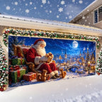 Classic Santa Claus Christmas Garage Door Banner 7x16 FT, Large 2-Car Winter Village Snow Night Outdoor Wall Mural Peeking Cover, Realistic Holiday Hanging Backdrop for House Exterior Party - Image 3