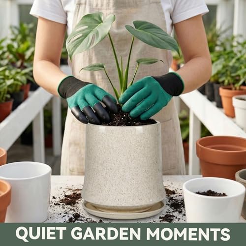 8 Inch Ceramic Planter Pot with Saucer Drainage Leak-Proof Mesh,Flower Pots for Lavender with Gardening Gloves,Ceramic Planter for Orchid(Silk White) - Image 5