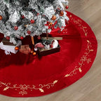 QOUBAI 48inch Christmas Tree Skirt Red Luxury Velvet Plush Fur Skirts with Gold Embroidery Xmas Velvet Tree Skirt Holly Leaves Gold Embroidered Tree Skirt for Christmas Holiday Party Decorations by QOUBAI