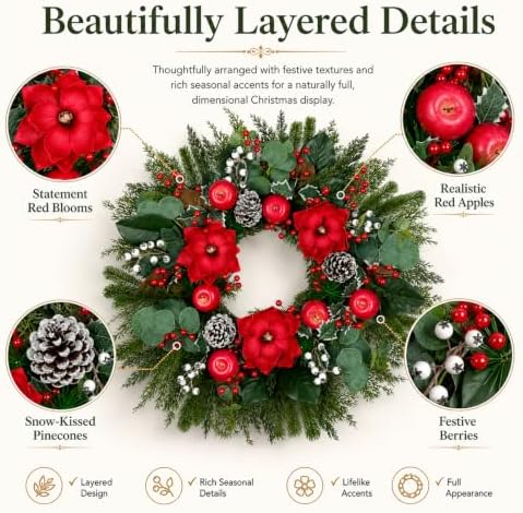 28 Inch Christmas Wreath for Front Door, Red Apples, Magnolia Winter Wreath - Image 3